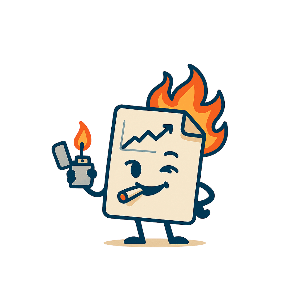 Cartoon deck lighting itself on fire, smirking